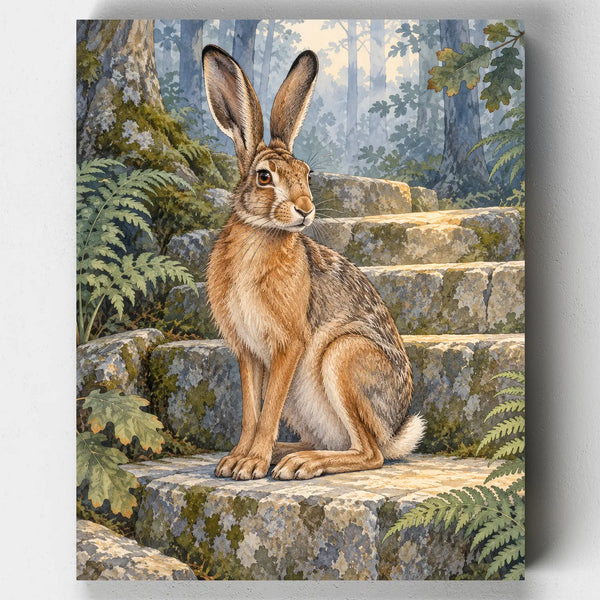 Hare on the Old Steps paint by numbers kit with a brown hare sitting on mossy stone steps among ferns
