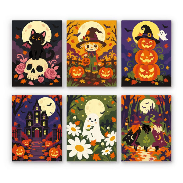 Harvest Night Haunts mini paint by numbers set showing all six Halloween designs