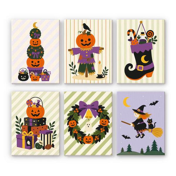 Harvest Party Favors mini paint by numbers set showing all six Halloween designs