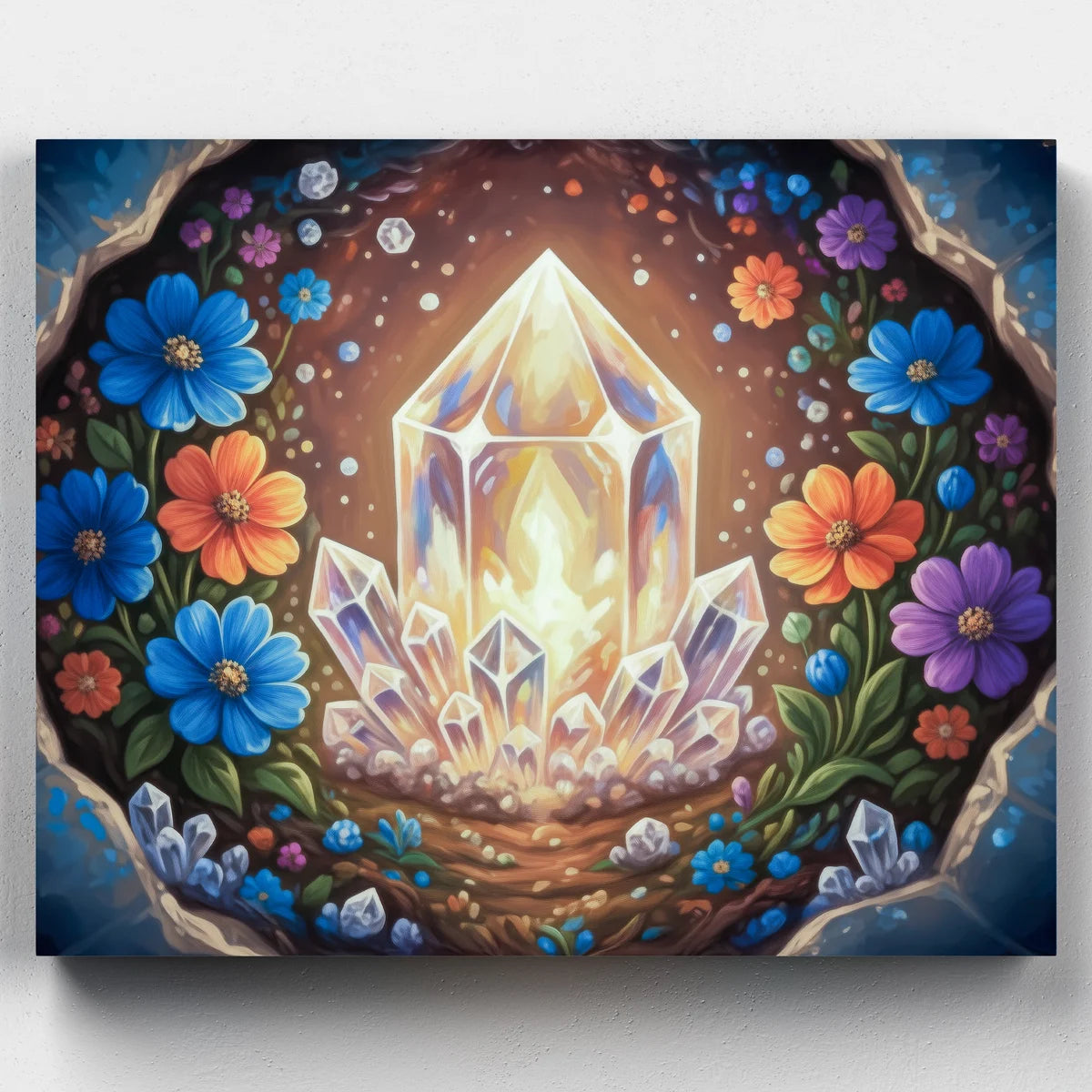 Crystal and floral artwork with a glowing crystal at the center, surrounded by colorful flowers on a dark background.