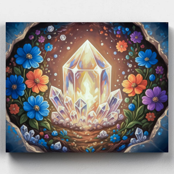 Crystal and floral artwork with a glowing crystal at the center, surrounded by colorful flowers on a dark background.