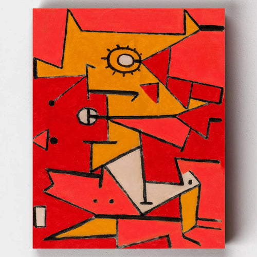 Paul Klee Heat abstract painting with red and orange angular figures and a sun paint by numbers kit
