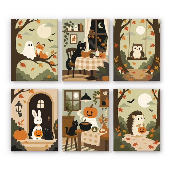 Hedgehog Hollow mini paint by numbers set showing all six Halloween designs