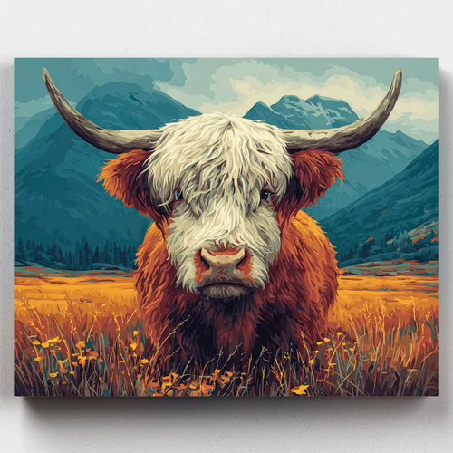 Painting of a highland cow in a field with mountains in the background