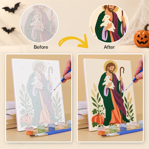 Before and after painting a Holy Folk Portraits mini canvas
