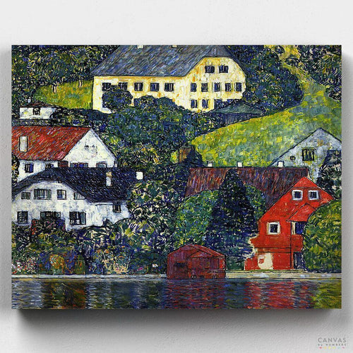 Houses at Unterach on the Attersee. Houses in Unterach on Attersee is a landscape painting from 1916 by the hand of Gustav Klimt. You can now paint by numbers and enjoy its detail at CBN!