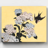 Hokusai hydrangea flowers and a diving swallow on a yellow background paint by numbers kit