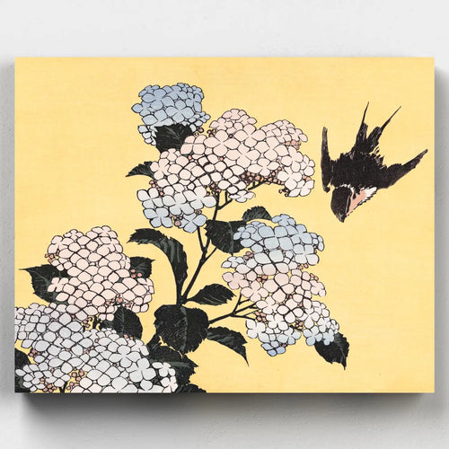 Hokusai hydrangea flowers and a diving swallow on a yellow background paint by numbers kit