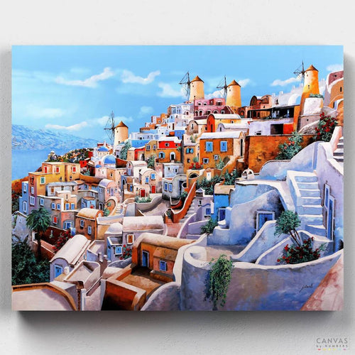 I Colori di Santorini. The beauty of Santorini is captured in this Guido Borelli paint by numbers kit. The italian artist is known for his realistic style.