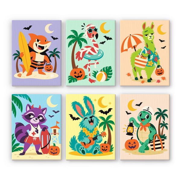 Island Animal Dress-Up mini paint by numbers set showing all six Halloween designs