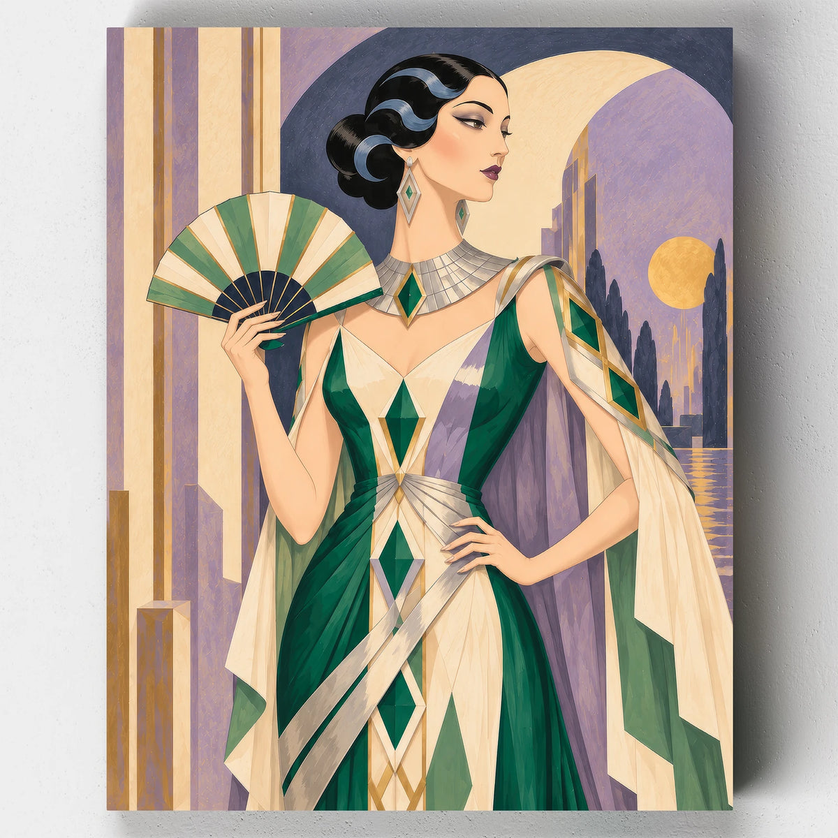 Jade Opera paint by numbers kit with an Art Deco woman in a green and cream gown holding a fan