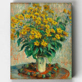 Painting of a bouquet of yellow flowers in a vase by Van Gogh on a white background