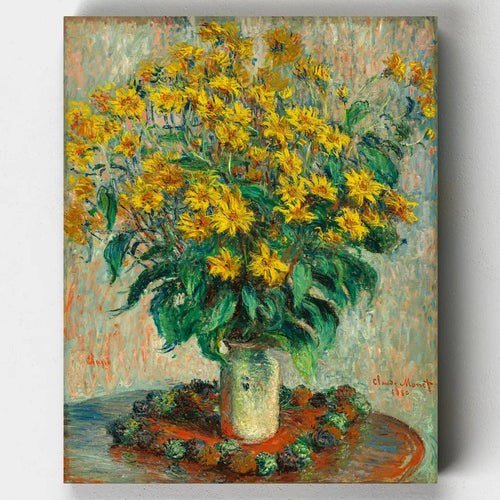 Painting of a bouquet of yellow flowers in a vase by Van Gogh on a white background