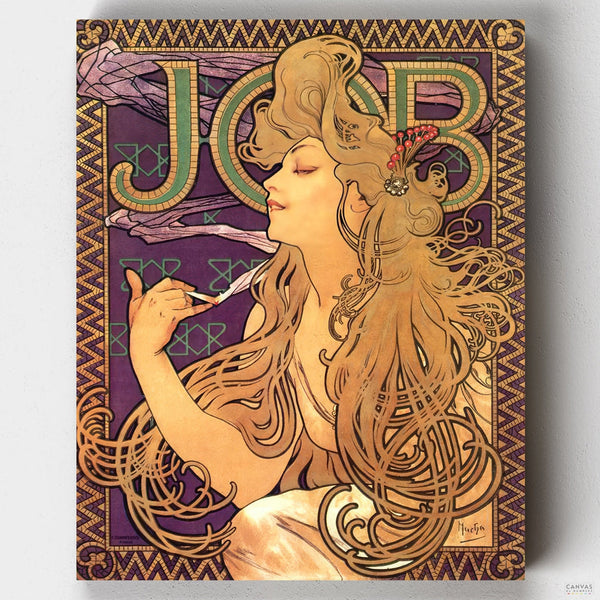 Job (1896) - Paint by Numbers-The paint by numbers features a young woman with long, flowing hair, surrounded by swirling patterns and the iconic red and yellow packaging of Job cigarette papers.-Canvas by Numbers