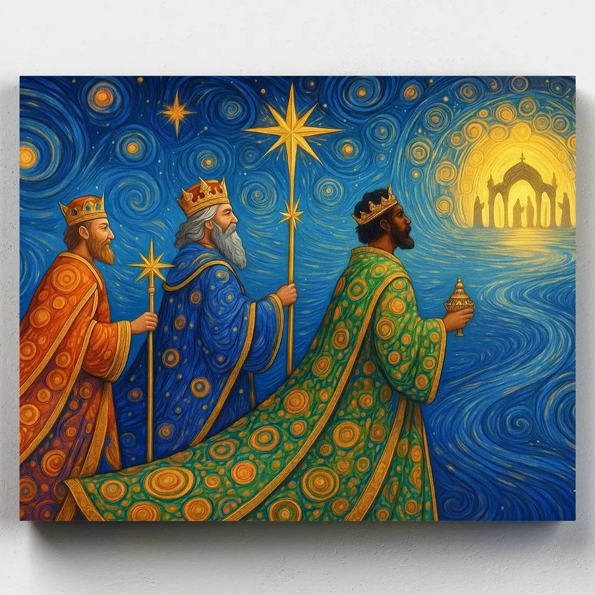Three wise men in colorful robes with a starry night sky and a temple in the background.