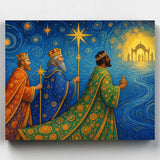 Three wise men in colorful robes with a starry night sky and a temple in the background.