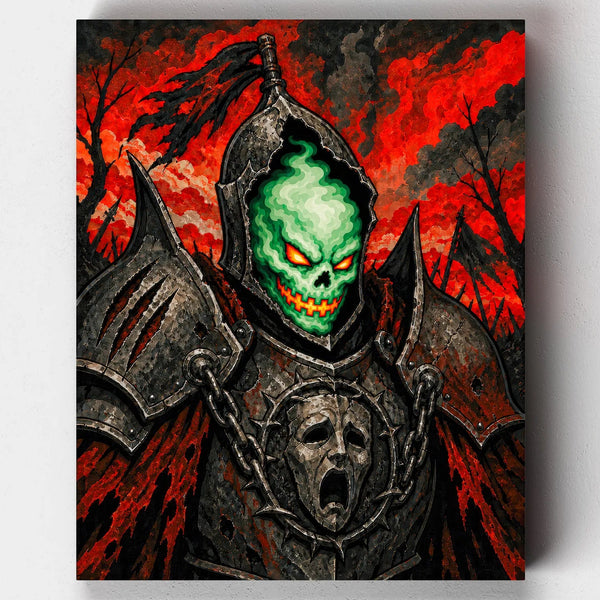 Keeper of the Hollow. An armored skeletal knight wrapped in chains glows with eerie green spectral flame in this bold, intense Halloween paint by numbers kit.