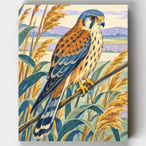Kestrel in the Reeds paint by numbers kit with a kestrel perched among golden reeds and marshland