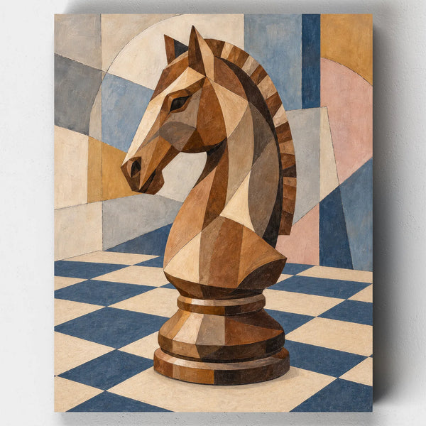 Knight in Quiet Blue paint by numbers kit with a cubist wooden chess knight on a blue and cream checkered board