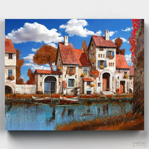 La Cascina sul Lago. This paint by numbers reveals a serene lakeside farmhouse, capturing Italian countryside allure. Borelli's vivid colors and precise details await your brush.
