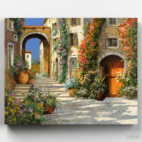La Porta Rossa sulla Salita. Nothing says Mediterranean charm as Guido's artwork. A captivating paint by numbers kit, showcases the charm of a red door on an ascending path.