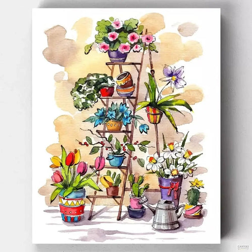 Ladder with Flowers. Brighten your space with a 'Colorful Ladder with Flowers' painting. Recreate this charming scene effortlessly with our paint by numbers kit.