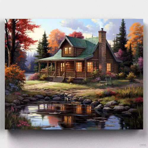 Lakeside Retreat. Transform your space with our Landscape Painting by Numbers. Dive into the tranquil scene of Lakeside Retreat, where vibrant trees and a cozy cabin await.