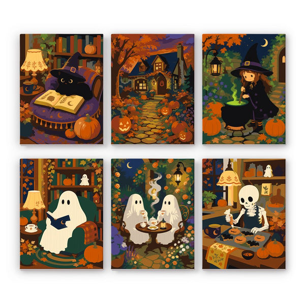 Lamplit Hearth & Hauntings mini paint by numbers set showing all six Halloween designs