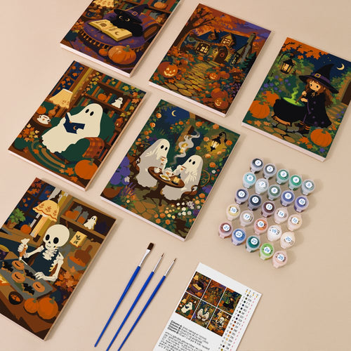 Lamplit Hearth & Hauntings kit contents with six numbered canvases, paints, brushes and reference sheet