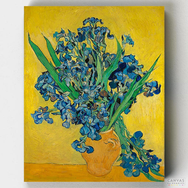 Les Iris - Paint by Numbers - "Vase with Irises Against a Yellow Background," also known as "Les Iris," is a stunning example of Van Gogh's ability to infuse everyday subjects with life and emotion. Painted in 1890, this masterpiece showcases a vibrant bouquet of irises set against a radiant yellow background - Canvas by Numbers