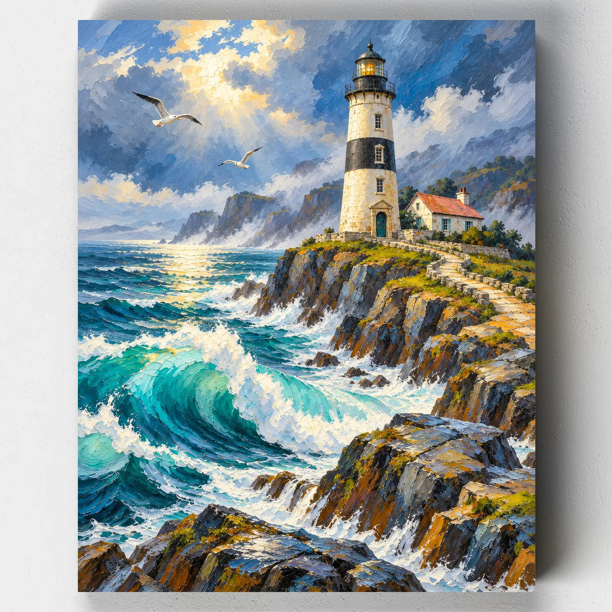 Lighthouse in the Mist paint by numbers kit with a lighthouse on cliffs above crashing turquoise waves