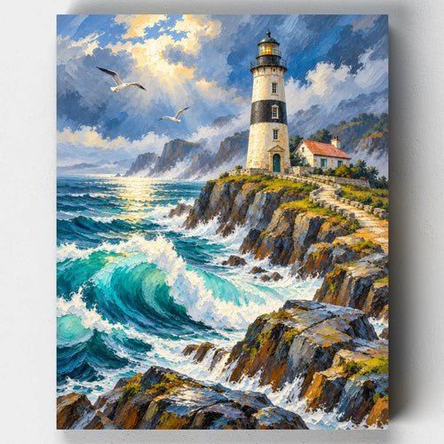 Lighthouse in the Mist paint by numbers kit with a lighthouse on cliffs above crashing turquoise waves