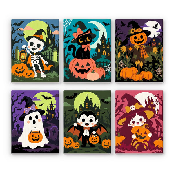 Lime Moon Dress-Up mini paint by numbers set showing all six Halloween designs