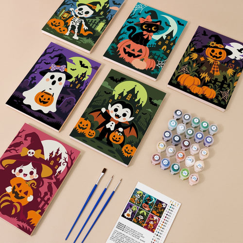 Lime Moon Dress-Up kit contents with six numbered canvases, paints, brushes and reference sheet
