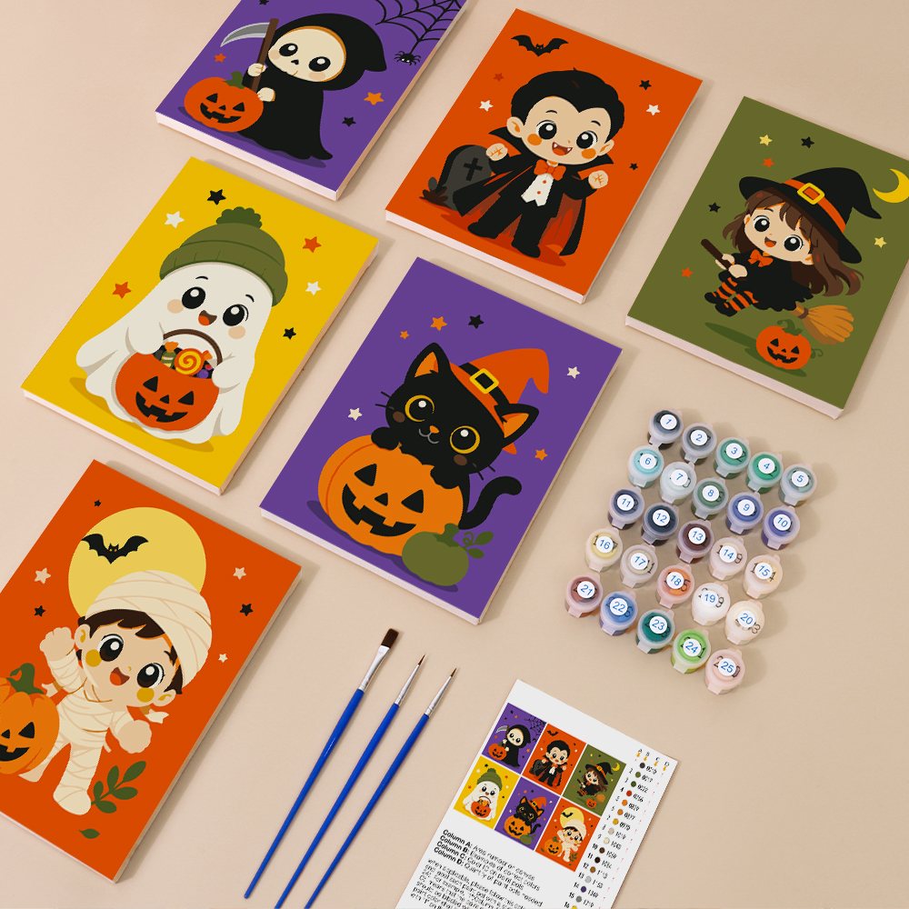 Little Costume Crew kit contents with six numbered canvases, paints, brushes and reference sheet