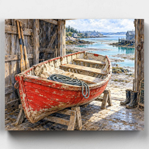 Low Tide at the Boat Shed paint by numbers kit with a red rowboat inside a wooden shed and a coastal inlet at low tide