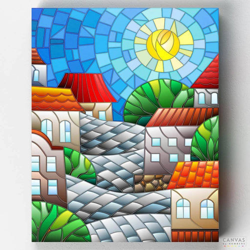 Magic Town. Bring Natalia Zagorii's Stained Glass Colorful Town to life with our paint by numbers kit. Perfect for creating a vibrant, mosaic-inspired masterpiece.