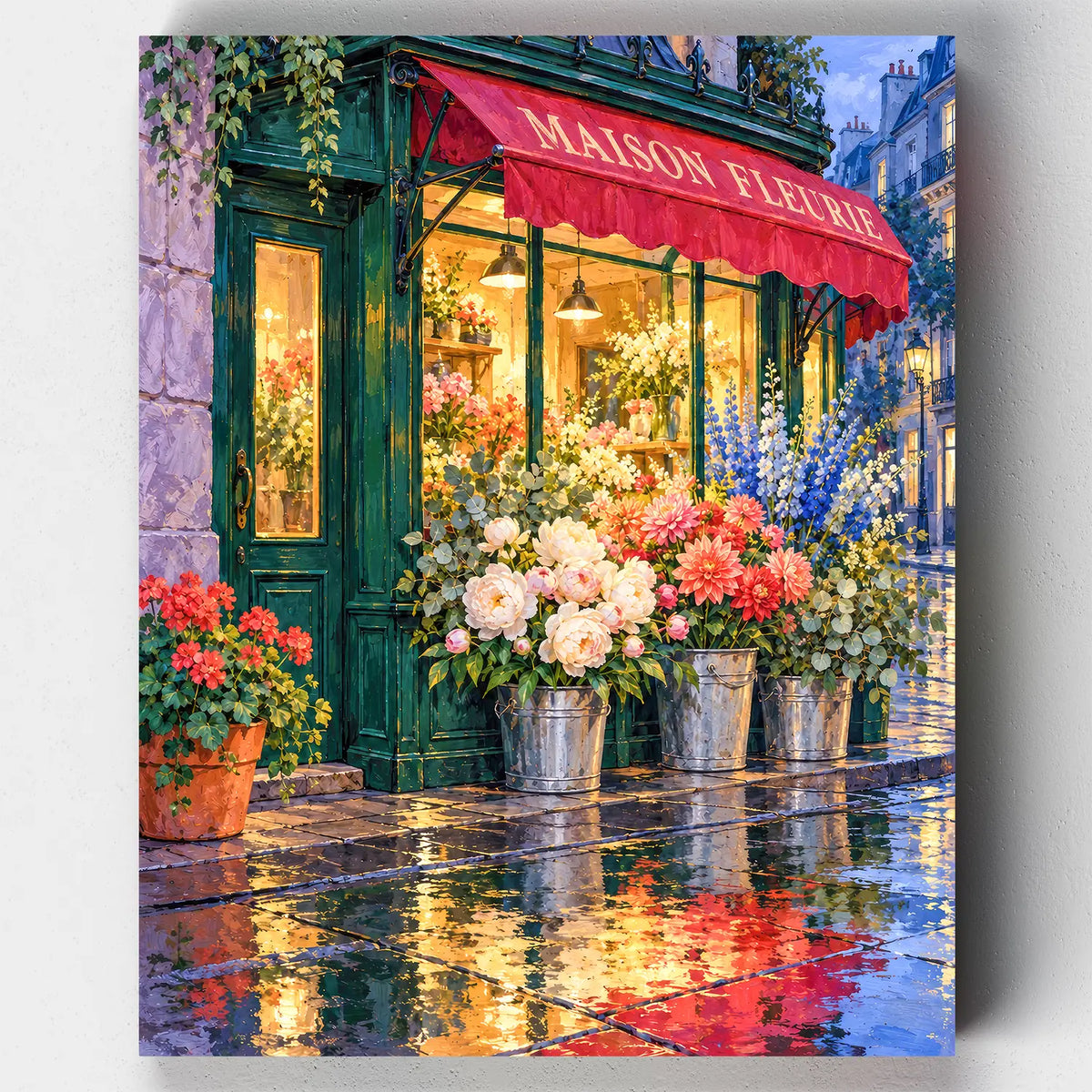 Maison Fleurie paint by numbers kit with a green Paris flower shop and its reflection on wet pavement