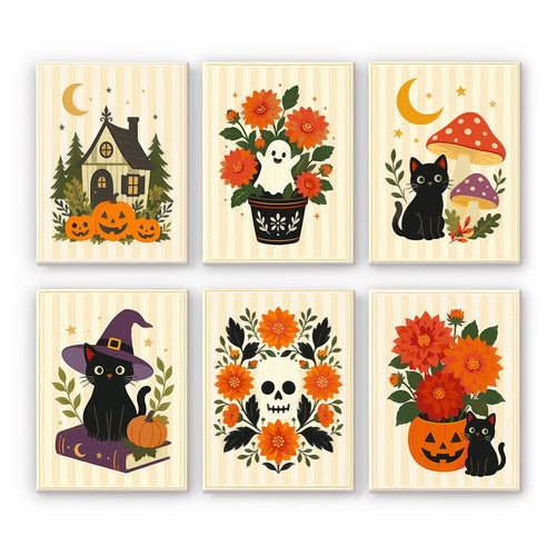 Marigold & Moon Florals mini paint by numbers set showing all six Halloween designs