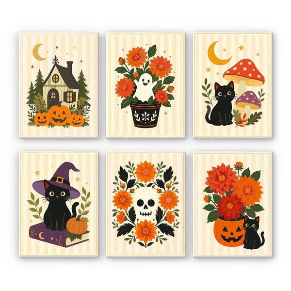 Marigold & Moon Florals mini paint by numbers set showing all six Halloween designs