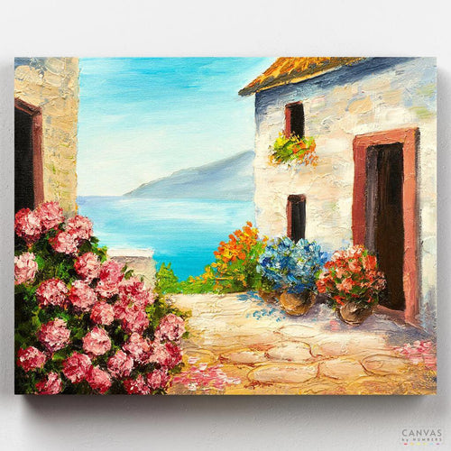 Mediterranean House. Feel the ocean's breeze while working on this gorgeous and bright paint by numbers seascape. Made with best materials. Only at Canvas by Numbers.