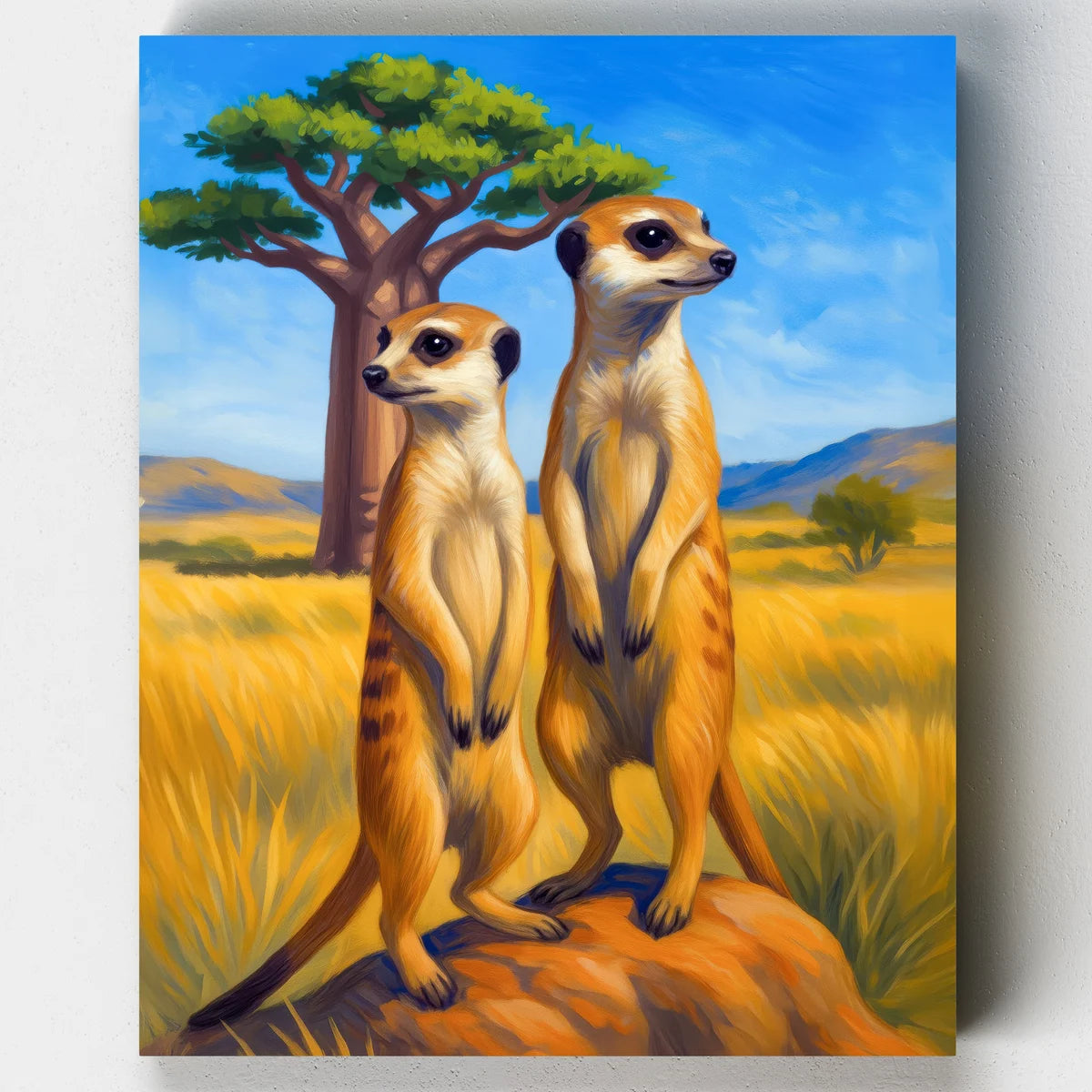 Painting of two meerkats on a tree branch with a blue sky background