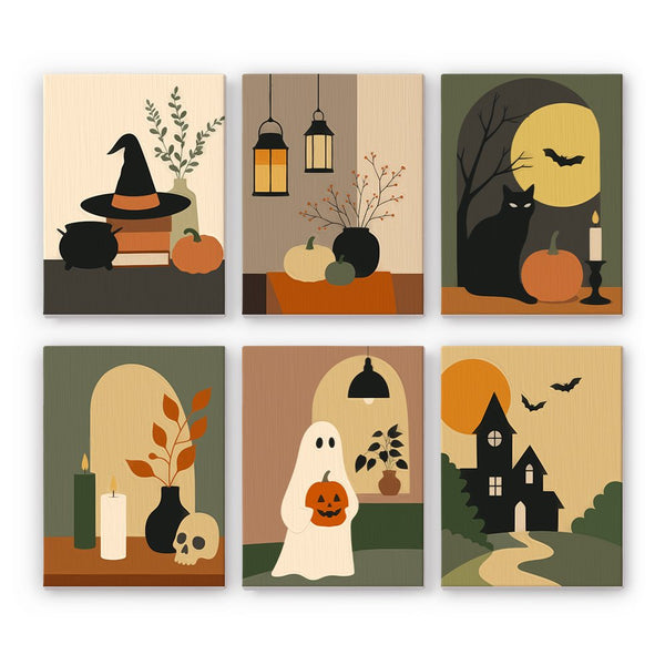 Mid-Century Hauntings mini paint by numbers set showing all six Halloween designs