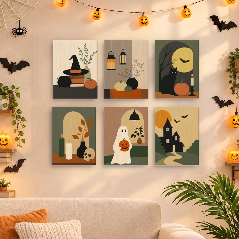 Mid-Century Hauntings mini canvases displayed together in a cozy Halloween living room