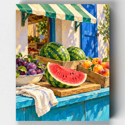 Midday Melons paint by numbers kit with watermelons, plums and peaches under a striped awning