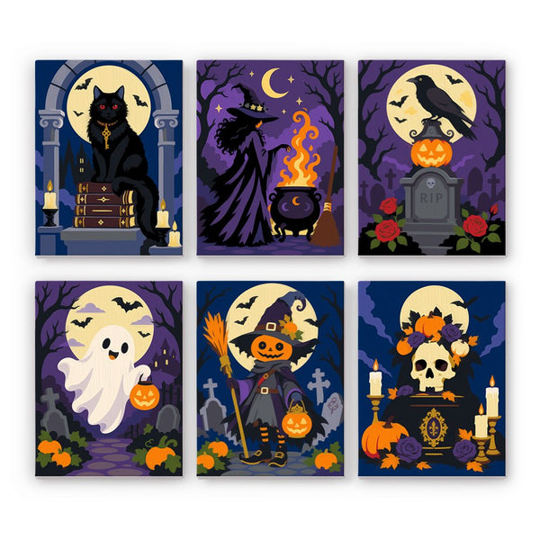 Midnight Graveyard mini paint by numbers set showing all six Halloween designs