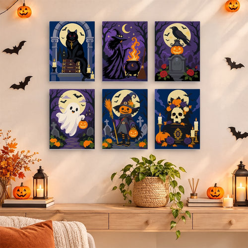 Midnight Graveyard mini paint by numbers set hung as a small Halloween gallery wall