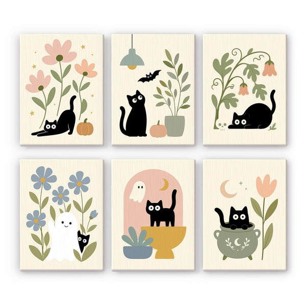 Minimal Cat & Bloom mini paint by numbers set showing all six Halloween designs