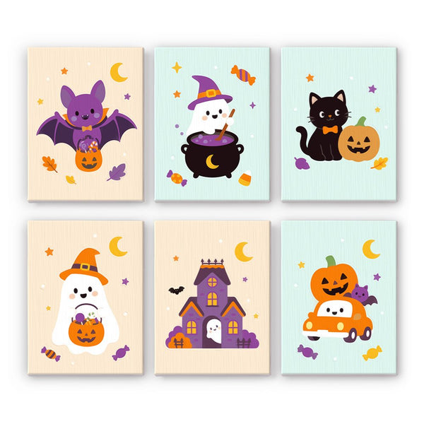 Mint & Lilac Trick-or-Treat mini paint by numbers set showing all six Halloween designs