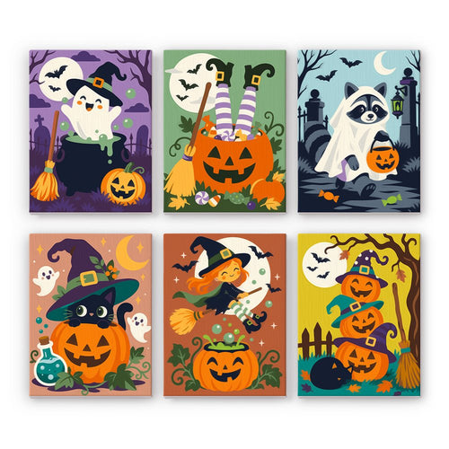 Mischief in the Gourds mini paint by numbers set showing all six Halloween designs